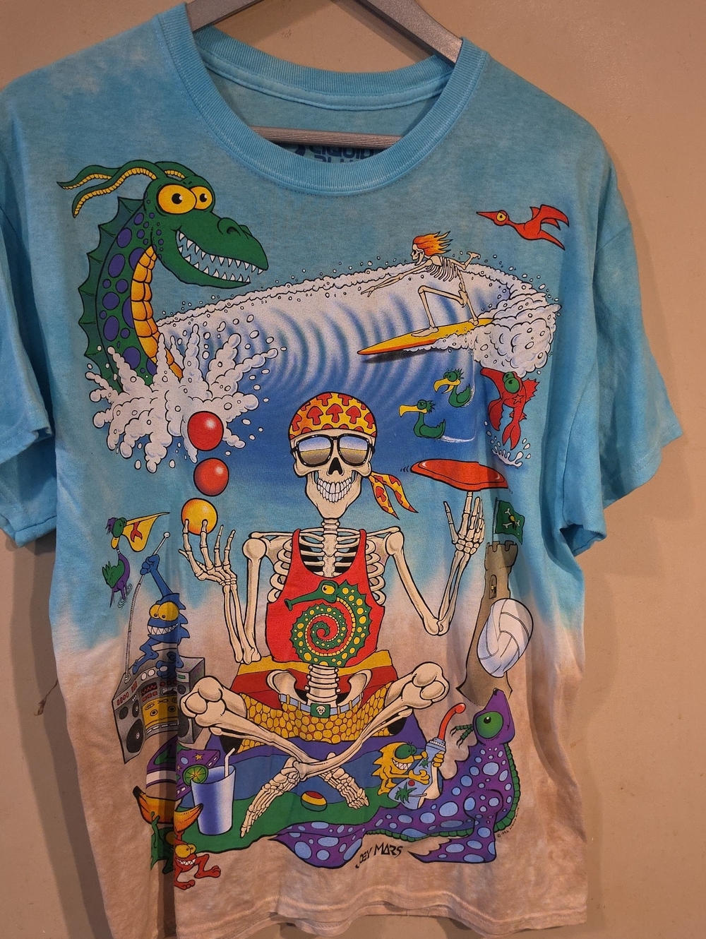 Liquid Blue Aqua Tie-Dye Skeleton Surf Rashguard Large Nwot